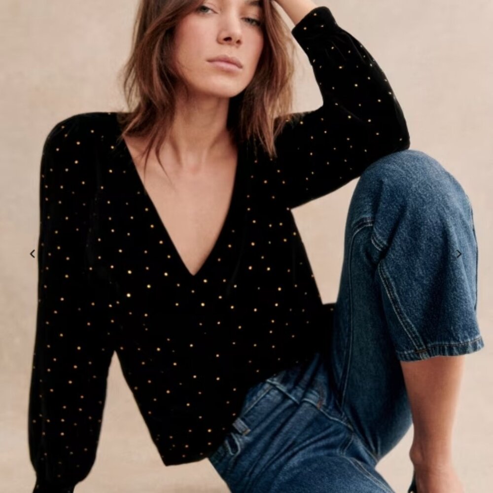 Sezane Galeo Blouse Black with Gold Rhinestones - Size FR 46/US 14